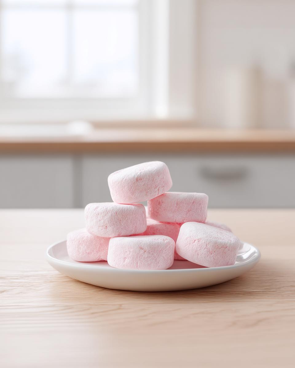 A stack of fluffy, light pink cream cheese mints dusted with powdered sugar on a white saucer.