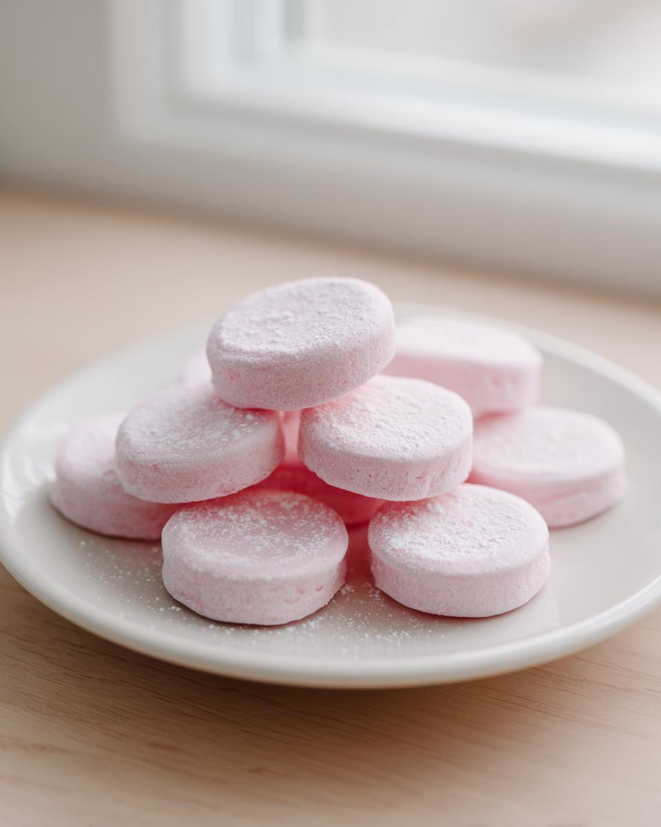 A stack of homemade pink cream cheese mints dusted with powdered sugar, resting on a small white plate.