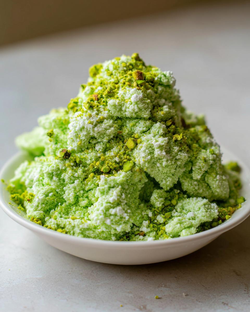 A close-up of bright green pistachio puppy chow coated in powdered sugar and topped with chopped pistachios, served in a white bowl.