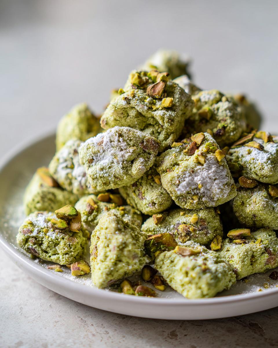 A close-up of bright green pistachio puppy chow pieces dusted with powdered sugar and topped with chopped pistachios.