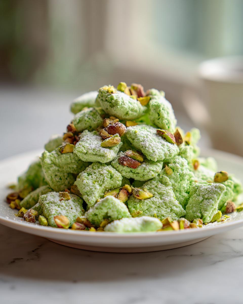 A tall mound of bright green pistachio puppy chow dusted with powdered sugar and topped with chopped pistachios.
