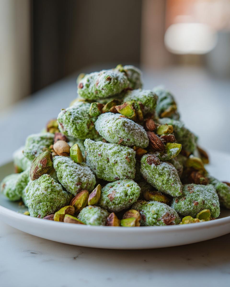 A mound of bright green, powdered sugar-dusted pistachio puppy chow mixed with whole and chopped pistachios and almonds.