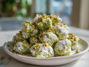 A mound of bright green pistachio puppy chow pieces dusted with powdered sugar and topped with chopped pistachios.