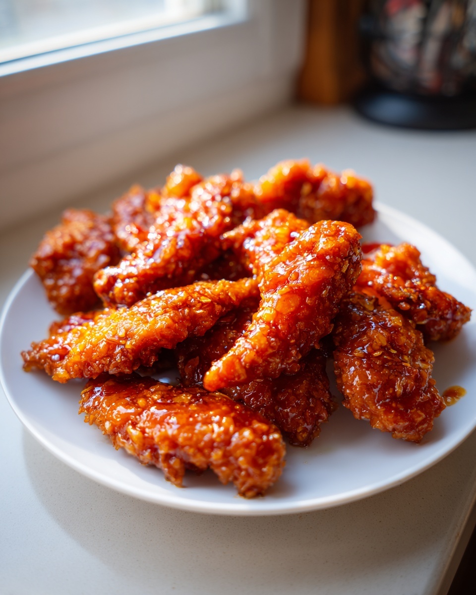 A plate piled high with crispy, glazed hot honey chicken tenders glistening under natural light.