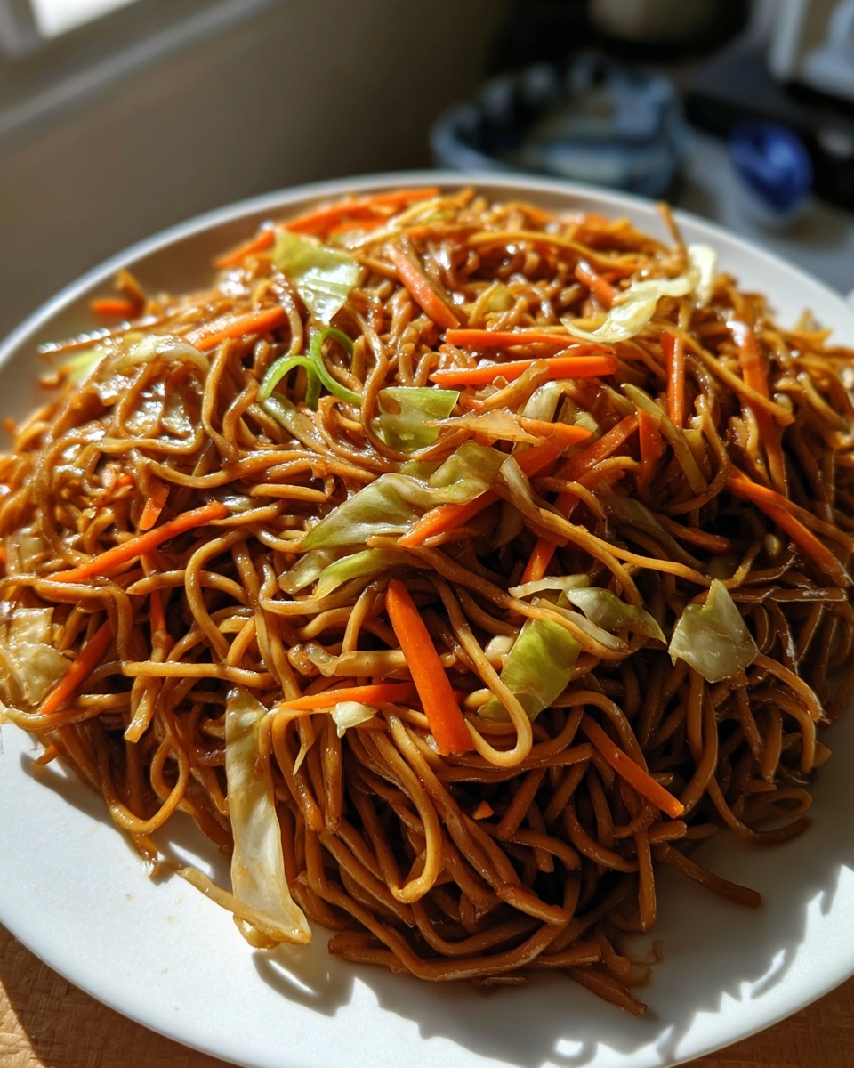 Close-up of a generous serving of glossy, brown sauce fried noodles mixed with shredded carrots and cabbage.
