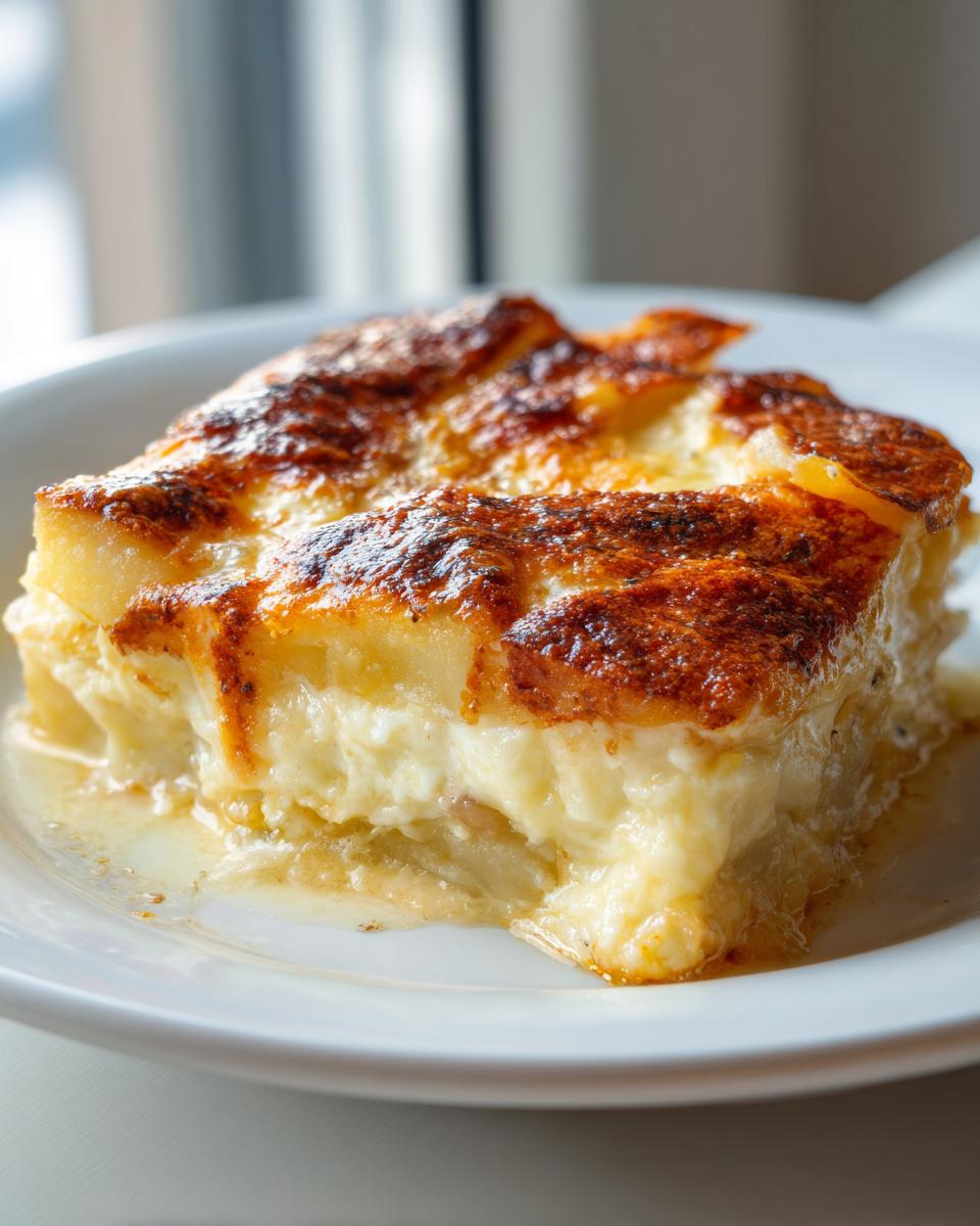A close-up of a square serving of creamy potatoes au gratin with a deeply browned, cheesy crust.