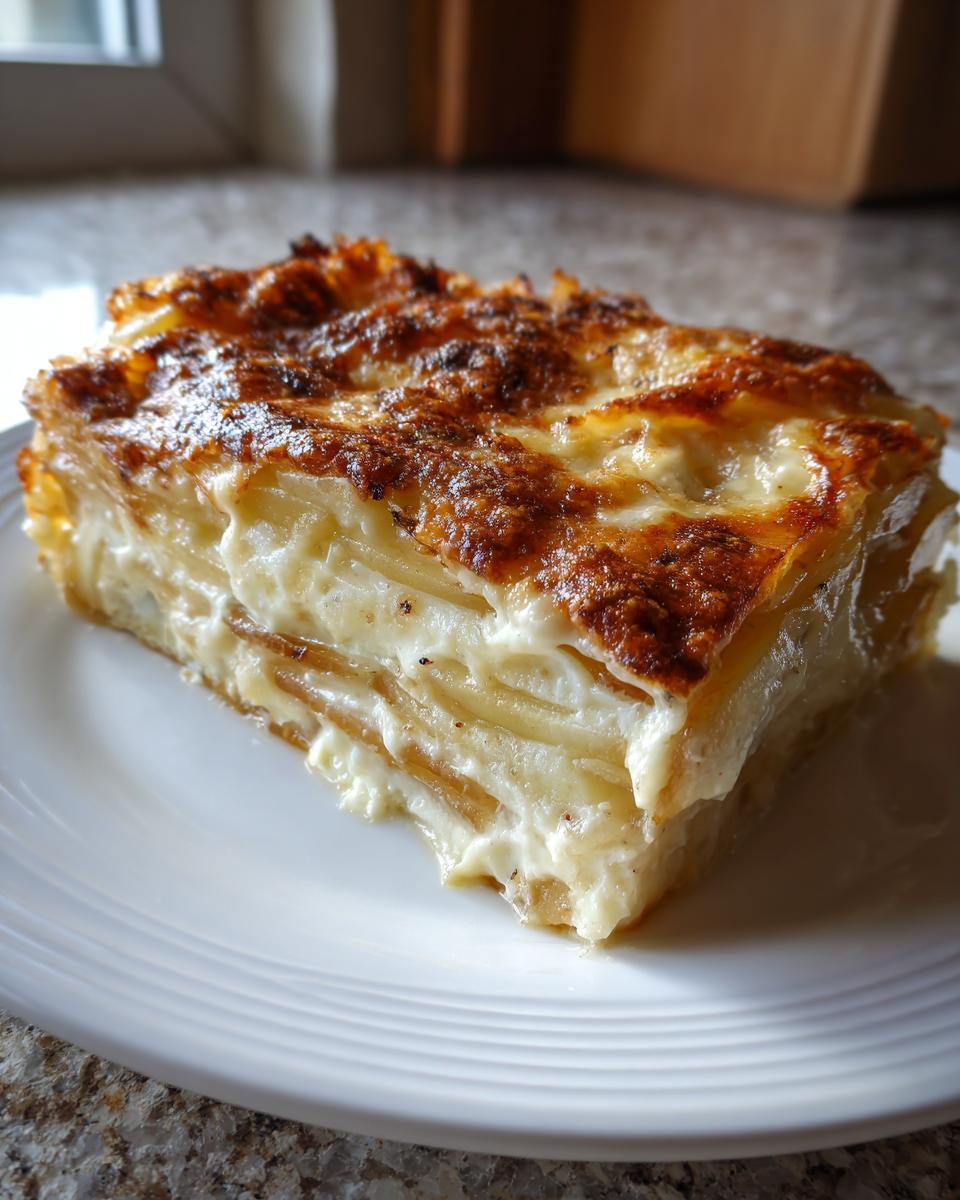 A perfect square slice of creamy potatoes au gratin showing layers of potato and rich sauce, with a golden-brown, bubbly top.