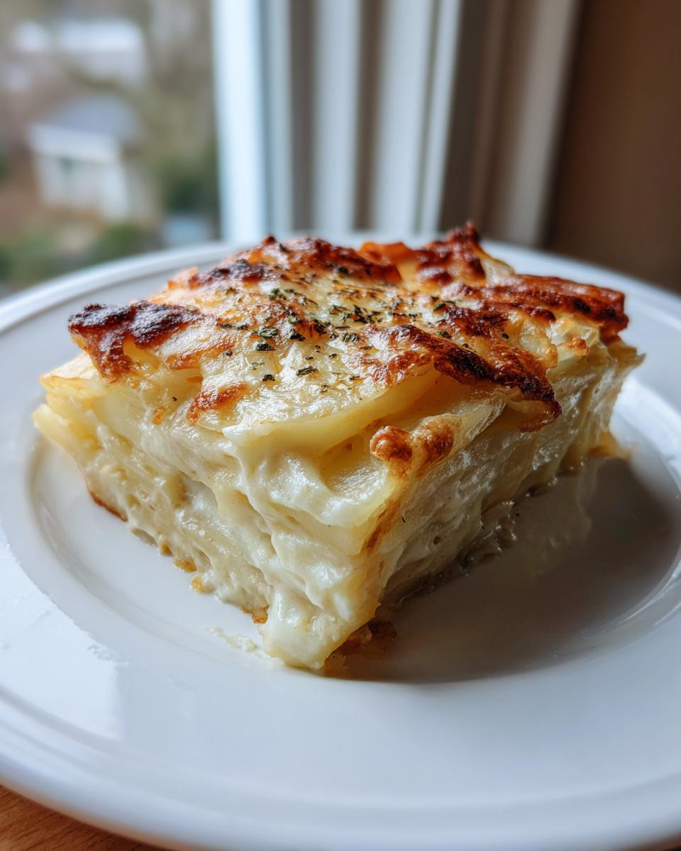 A perfect square slice of creamy potatoes au gratin with a golden, bubbly cheese crust on a white plate.