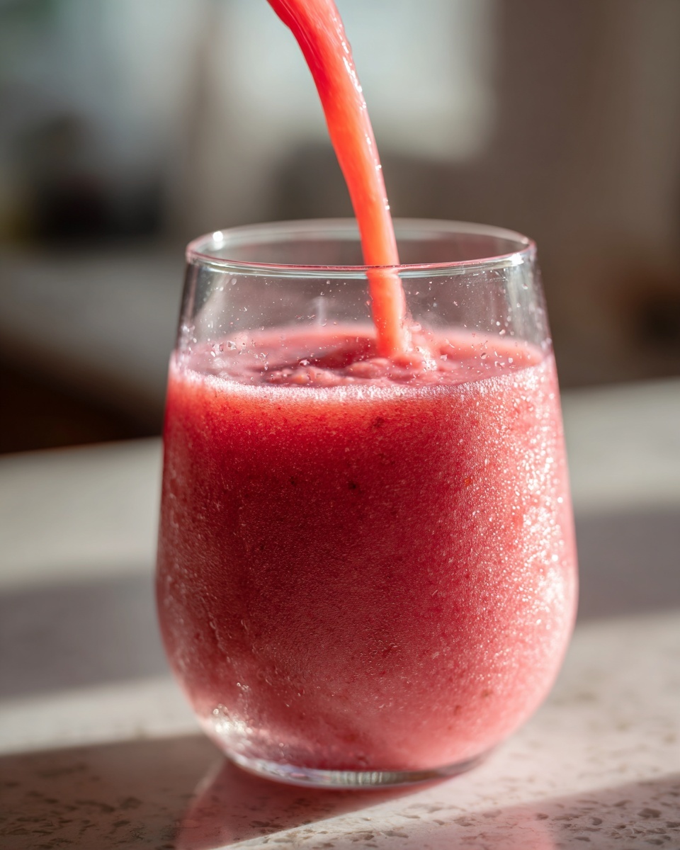 Close-up of a bright pink watermelon smoothie being poured into a clear glass.