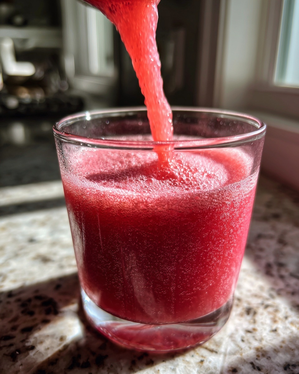 Close-up of a vibrant, bright red watermelon smoothie being poured into a clear glass, creating foam.