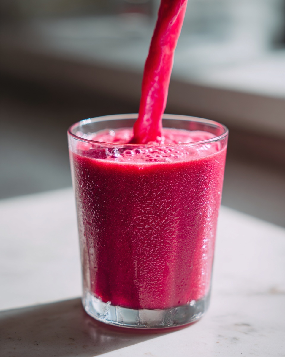 Close-up of a vibrant pink watermelon smoothie being poured into a sweating glass on a bright surface.