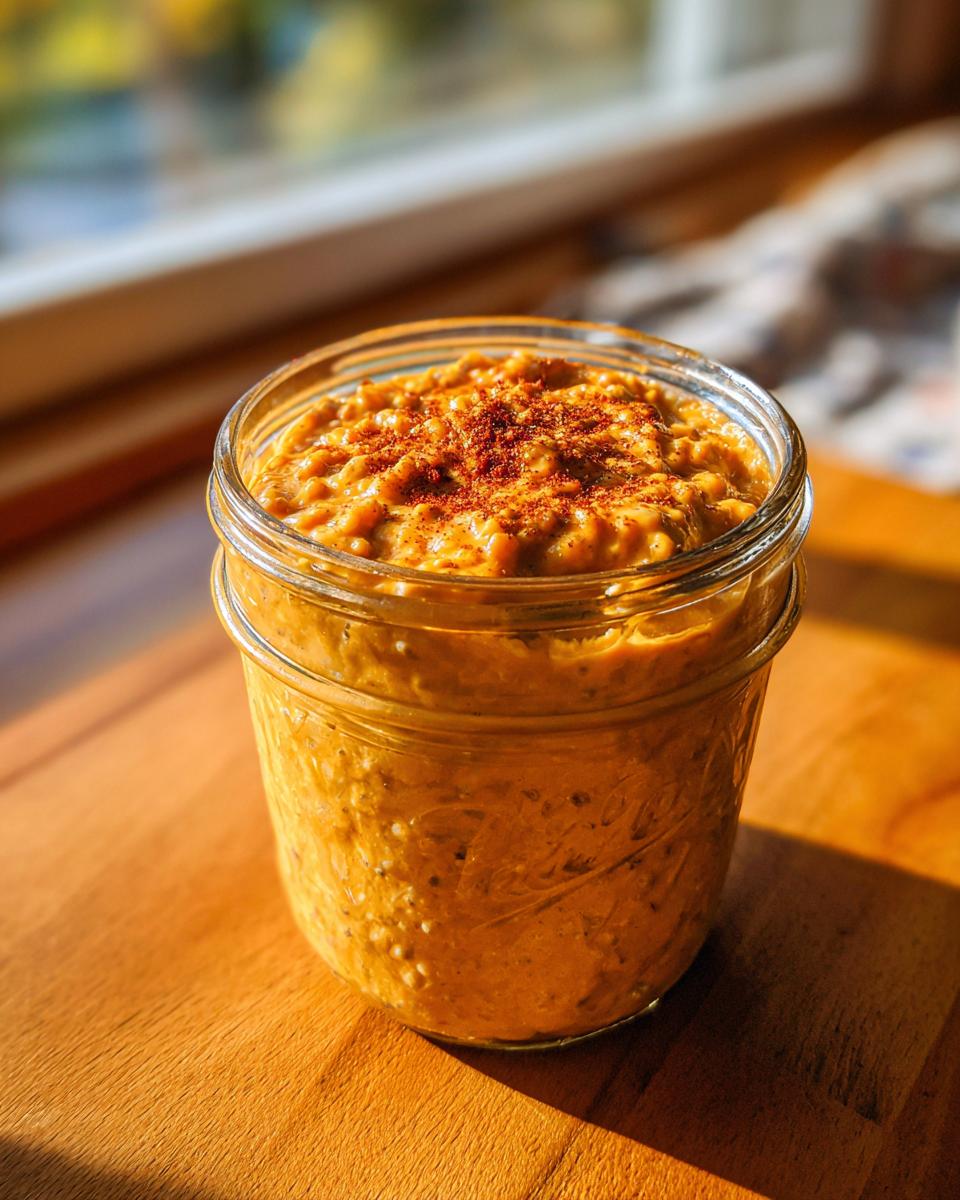 A close-up of pumpkin pie overnight oats in a glass jar, topped with a sprinkle of cinnamon.