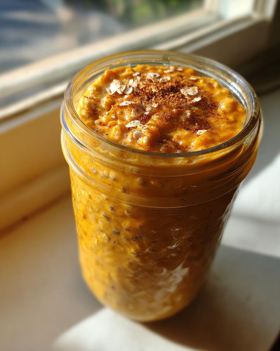 Close-up of pumpkin pie overnight oats in a glass jar, topped with oats and cinnamon.