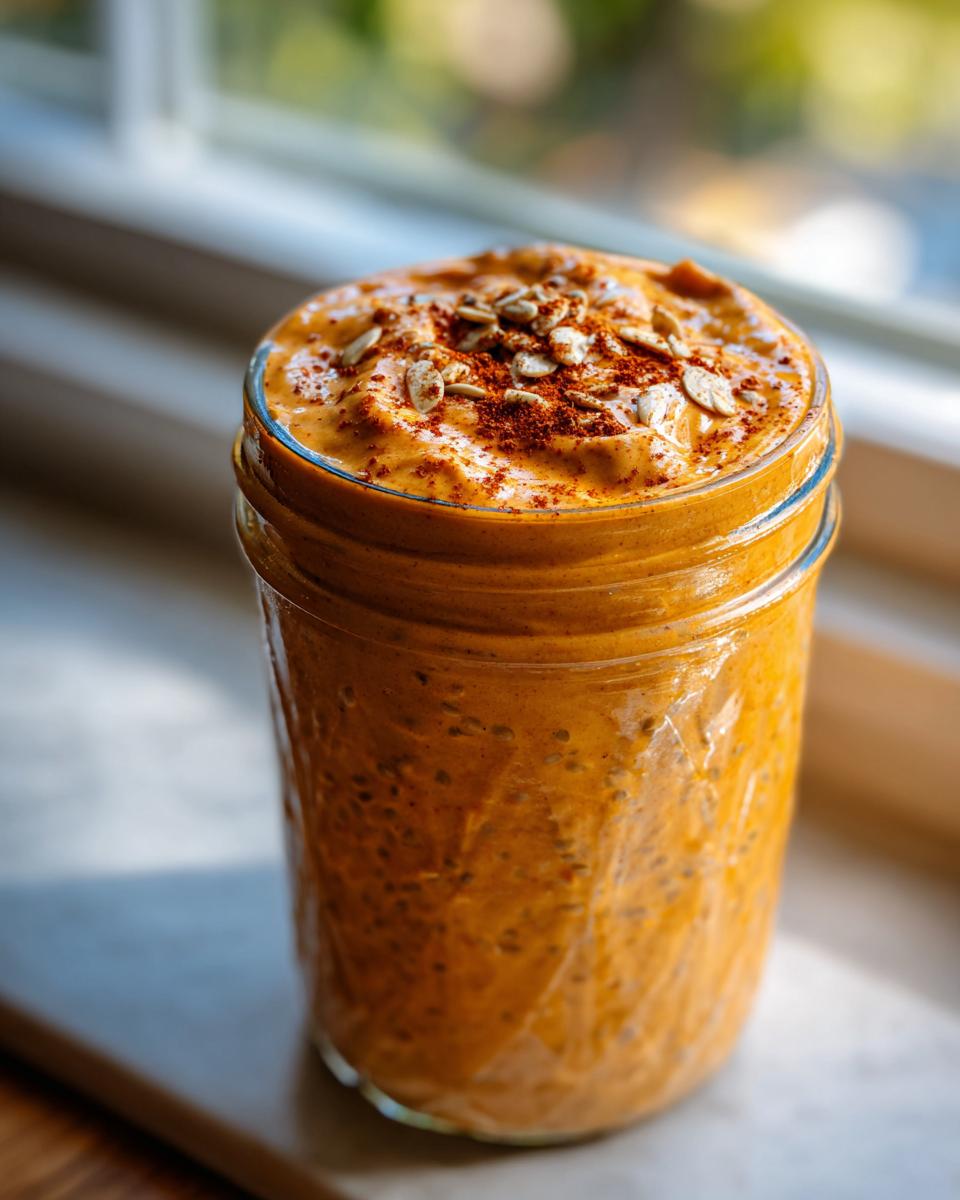 Close-up of pumpkin pie overnight oats in a glass jar, topped with sunflower seeds and cinnamon.