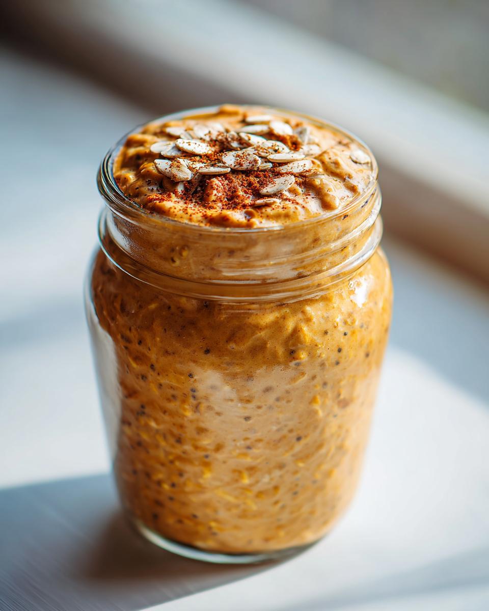Close-up of pumpkin pie overnight oats in a glass jar, topped with pumpkin seeds and cinnamon.