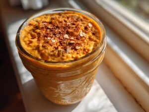 A close-up, sunlit view of pumpkin pie overnight oats topped with cinnamon and oats in a glass jar.