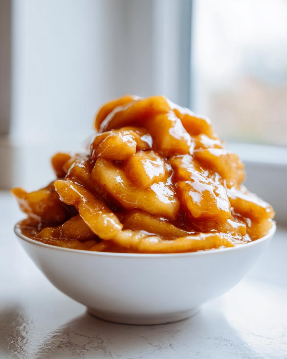 A white bowl piled high with glistening, spiced apple pie filling, ready for baking.