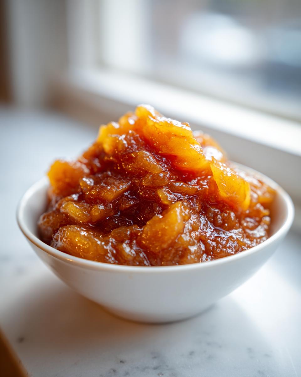 A close-up of thick, caramelized apple pie filling served in a small white bowl next to a window.