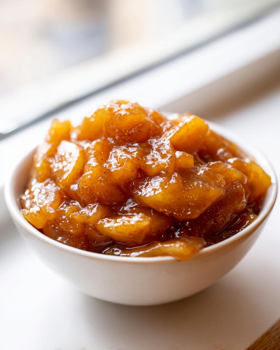 A close-up of thick, glossy, spiced apple pie filling served in a small white bowl.