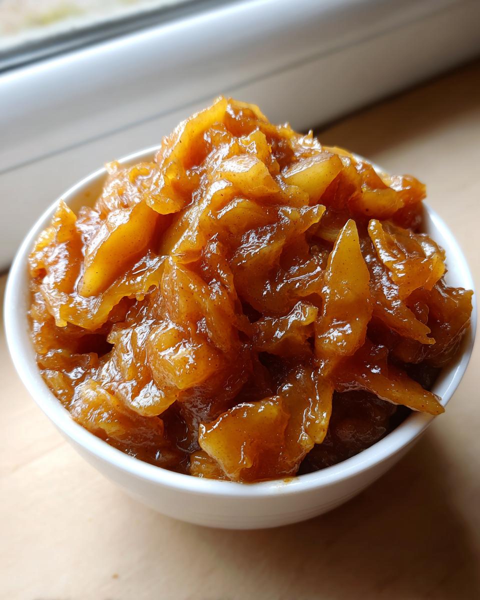 Close-up of glossy, spiced apple pie filling with soft apple slices in a small white bowl.