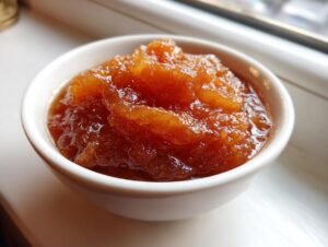 A close-up view of rich, spiced apple pie filling in a small white bowl, ready for baking.