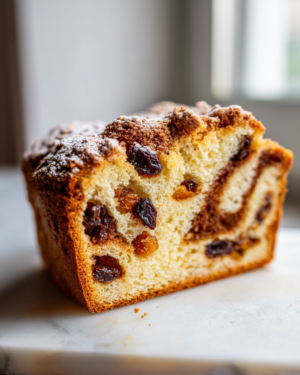 Close-up of a slice of homemade raisin bread showing a light crumb, visible raisins, and a cinnamon swirl.