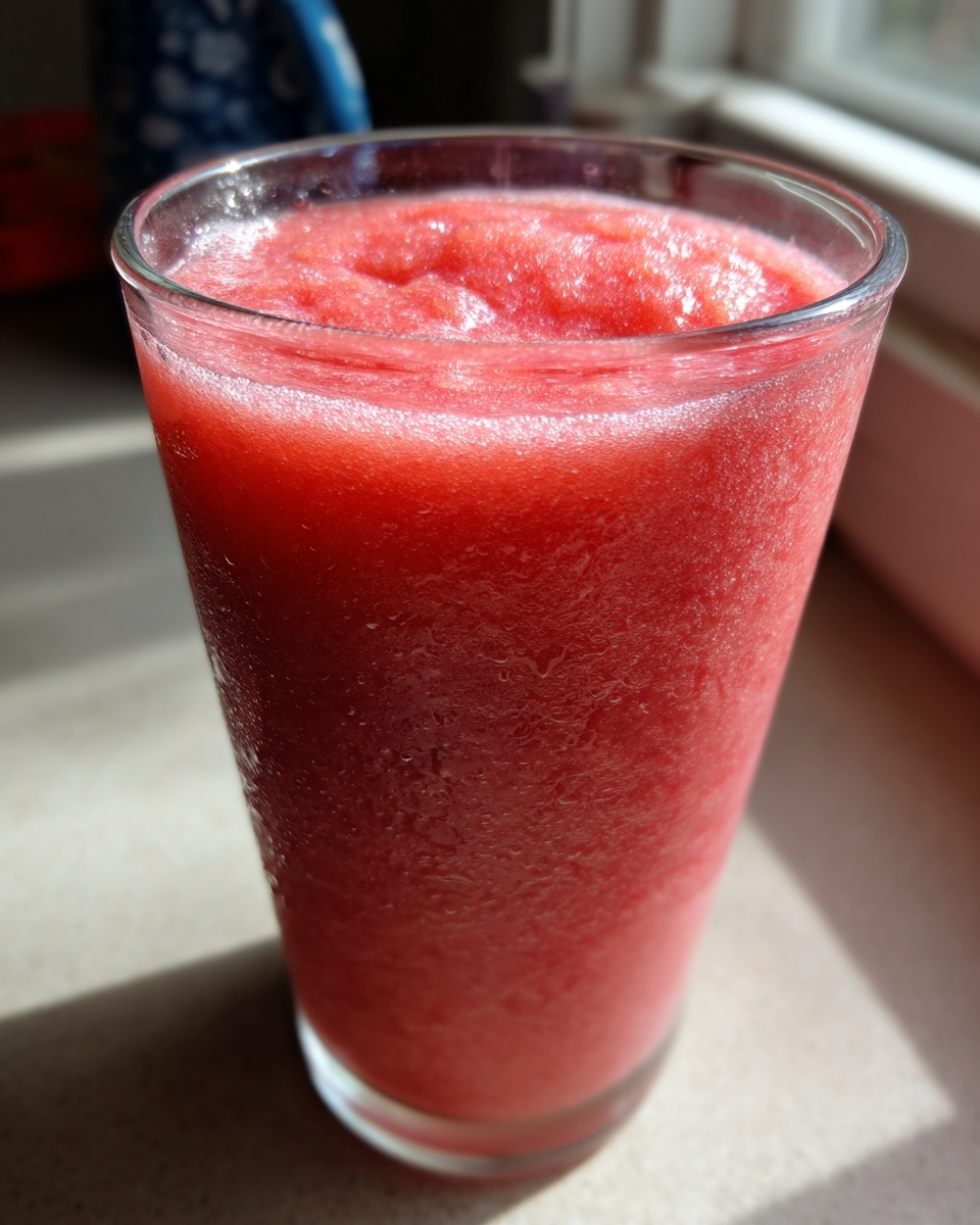 Close-up of a bright pink, icy watermelon smoothie filling a tall glass, condensation visible on the exterior.