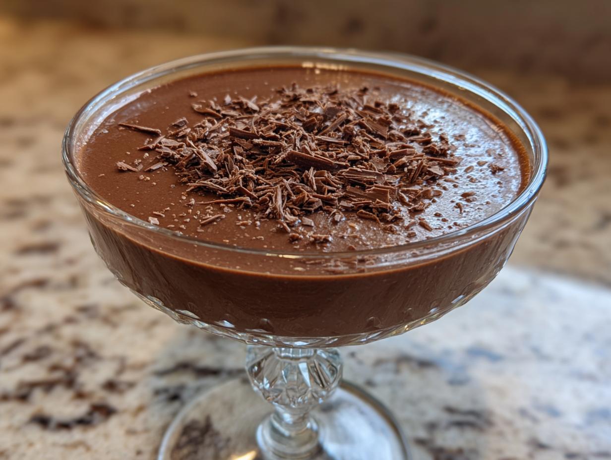 Close-up of a creamy chocolate martini topped with generous dark chocolate shavings.