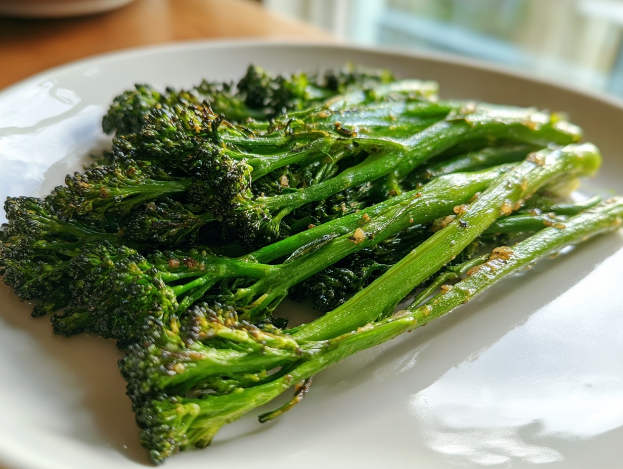 Close-up of bright green, roasted broccolini spears seasoned and served on a white plate.