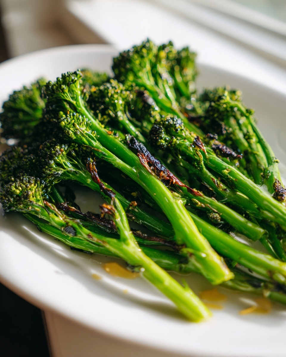 Close-up of bright green roasted broccolini with slightly charred florets served on a white dish.