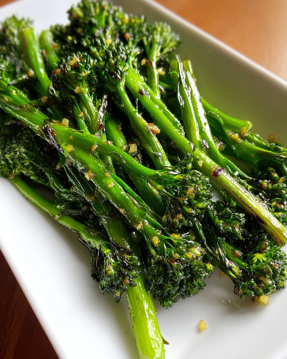Close-up of bright green, roasted broccolini stalks glistening with a garlic and oil glaze on a white platter.