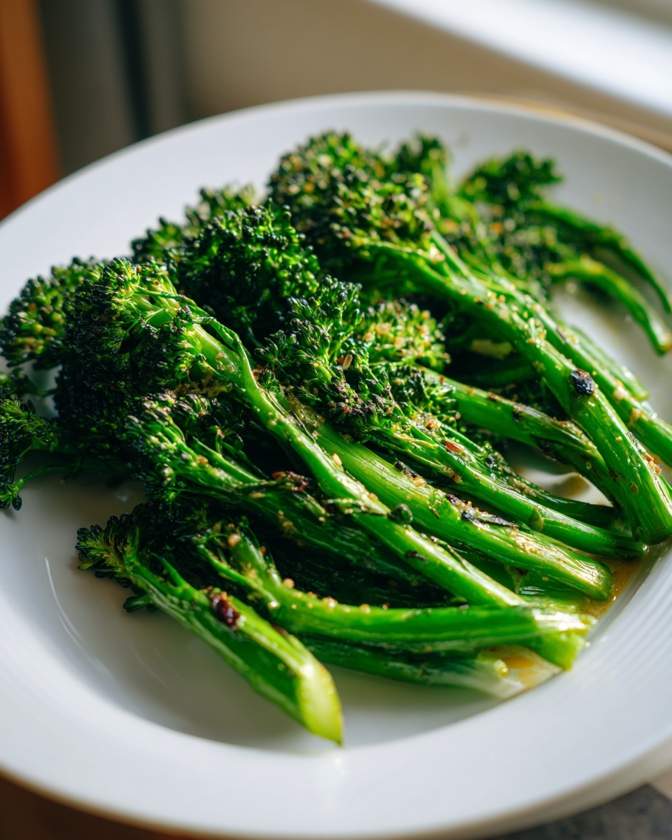 A close-up of bright green, roasted broccolini seasoned with spices, served on a white plate.