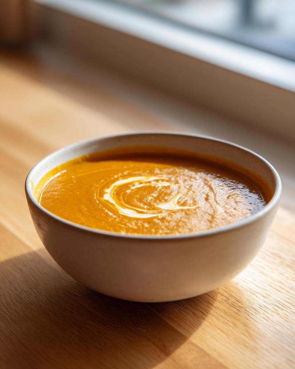 A bowl of vibrant orange roasted butternut squash soup, garnished with a swirl of cream.