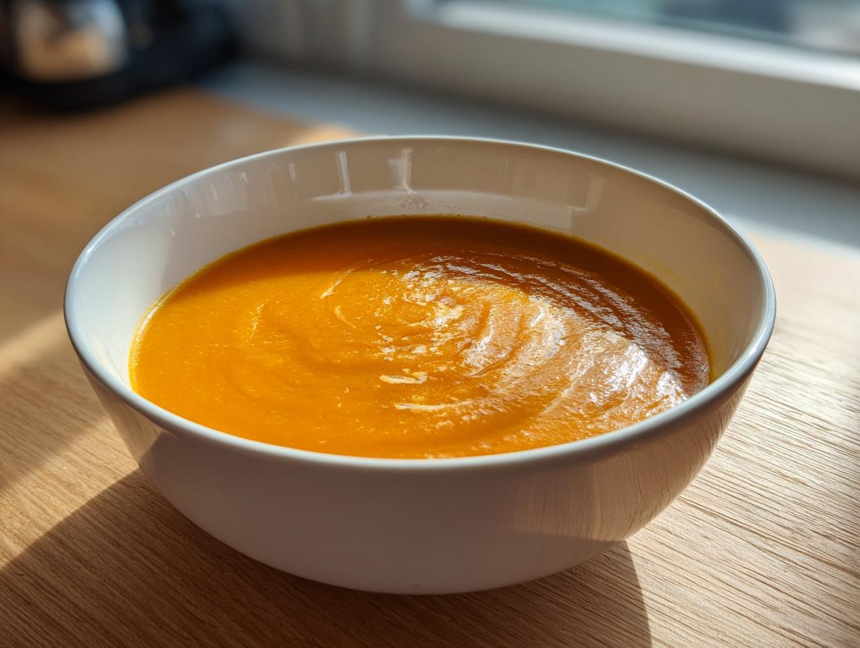 A close-up of creamy roasted butternut squash soup in a white bowl, highlighted by natural light.