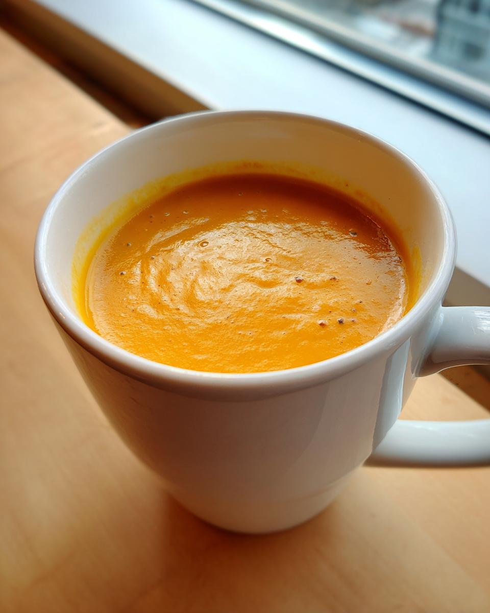 A close-up of creamy, vibrant orange roasted butternut squash soup served in a white mug.