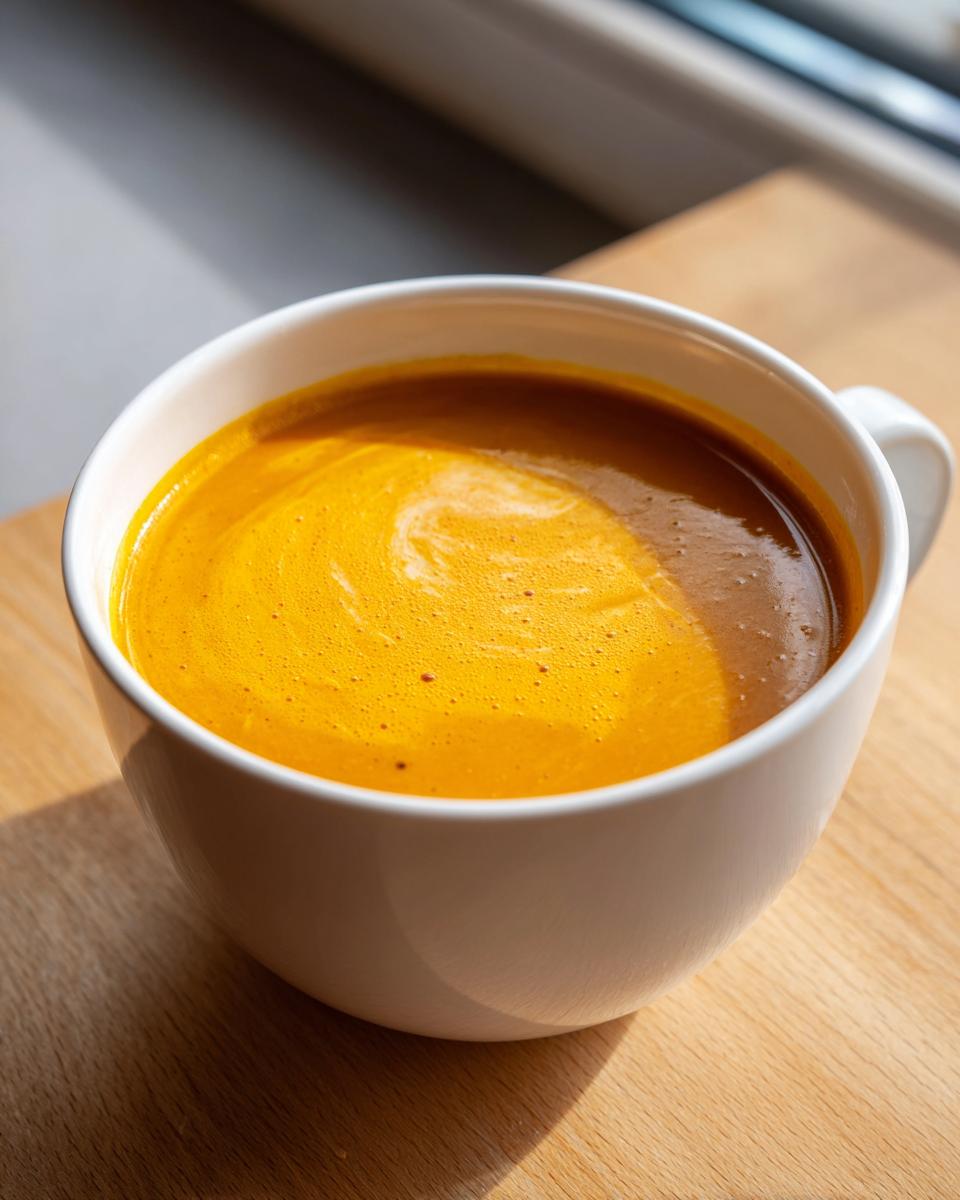 Close-up of vibrant orange roasted butternut squash soup swirled with cream in a white mug.
