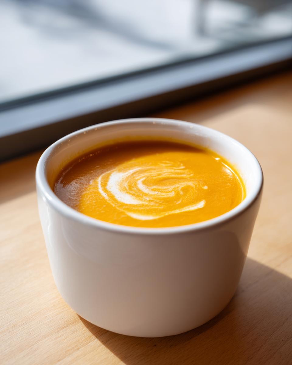 A close-up of vibrant orange roasted butternut squash soup topped with a swirl of cream.