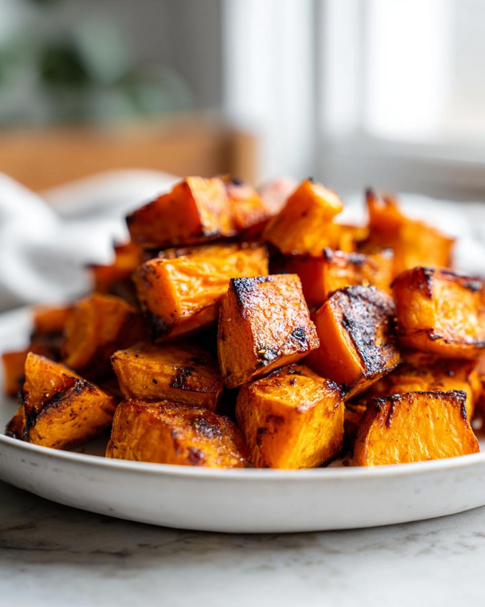 Close-up of caramelized, roasted cubes of sweet potatoes piled on a white plate.