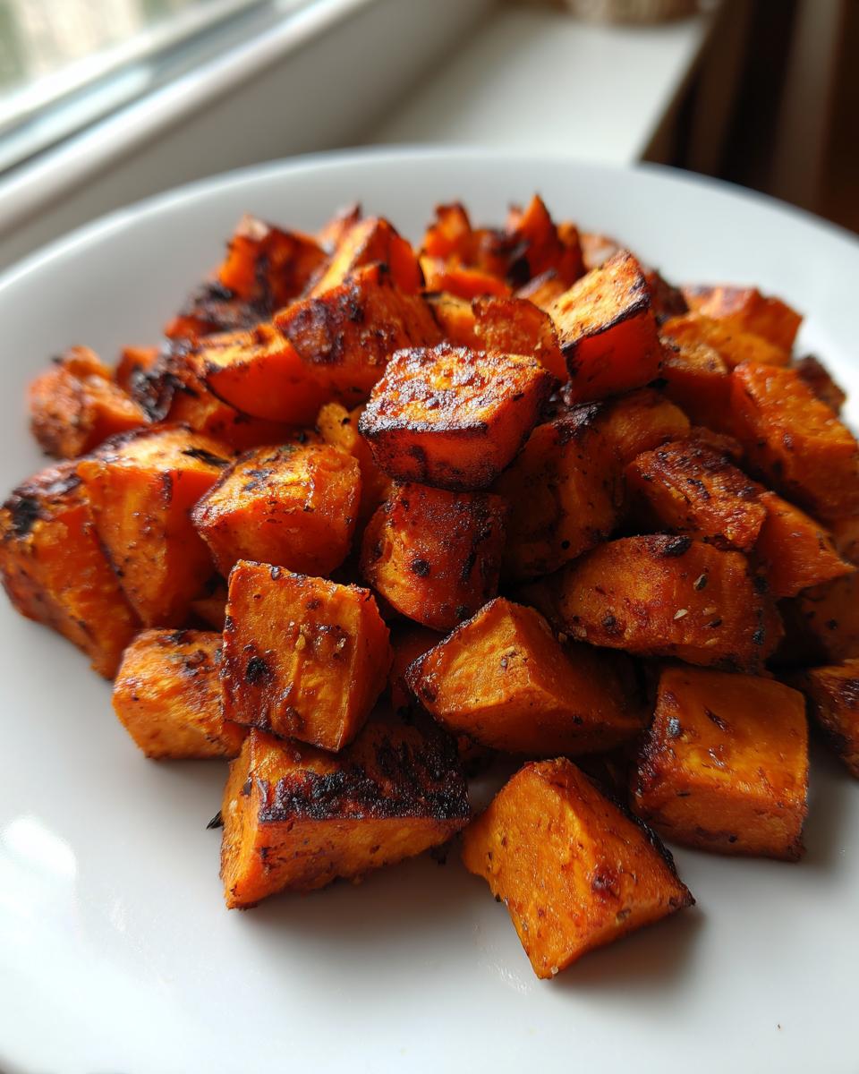 Close-up of seasoned, roasted cubes of bright orange sweet potatoes piled on a white plate.