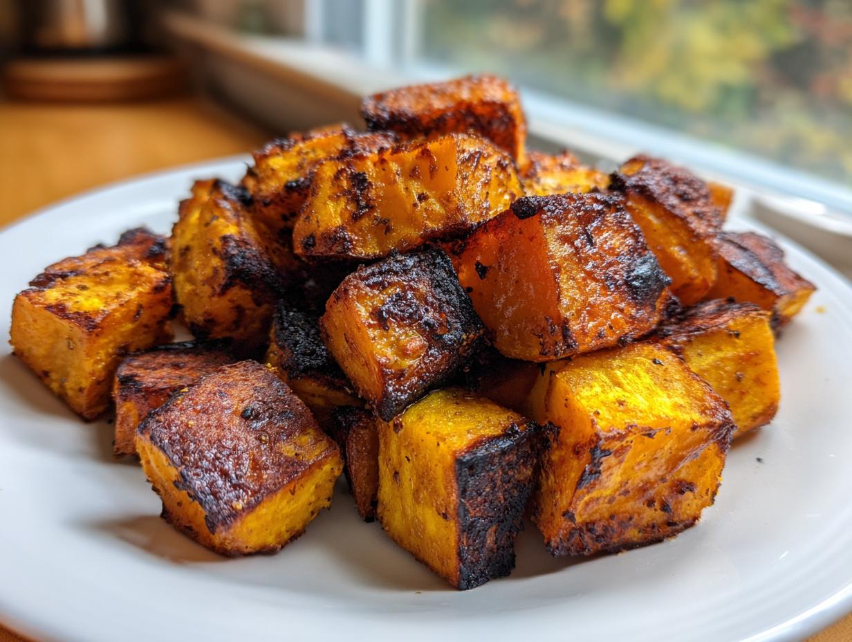 Close-up of perfectly roasted, caramelized sweet potatoes cubes piled on a white plate.