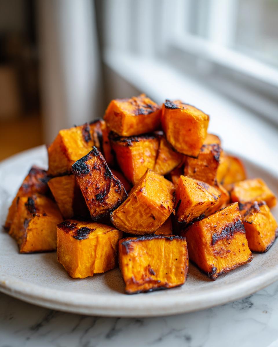 A pile of perfectly roasted, caramelized sweet potatoes cubes on a light-colored plate.