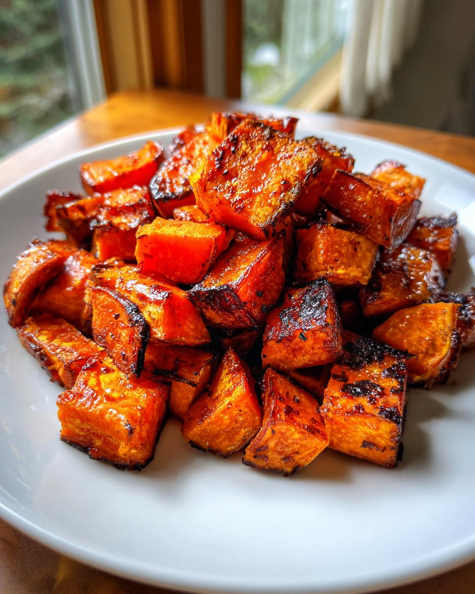 Close-up of caramelized, roasted sweet potatoes cubes piled high on a white plate.
