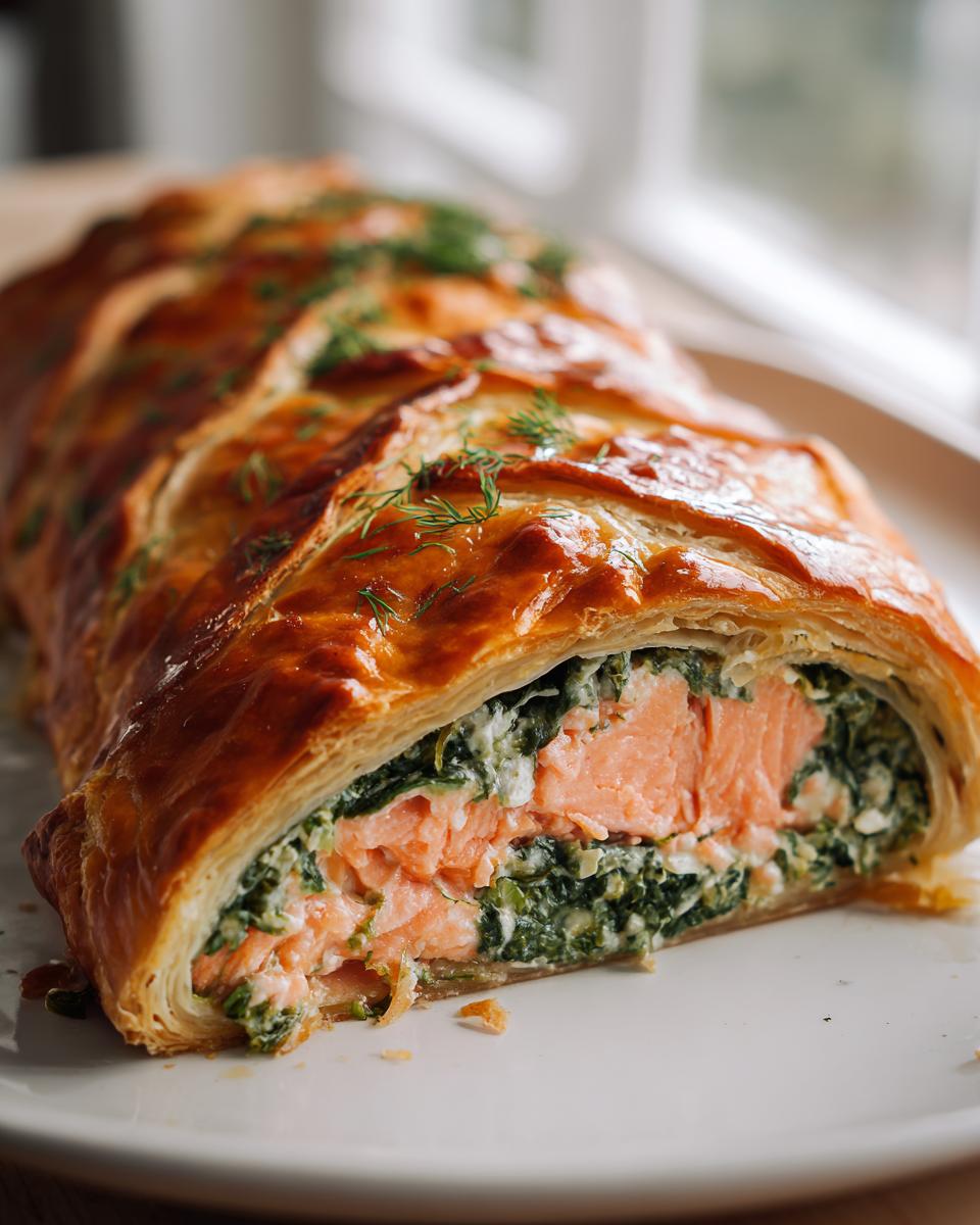 A cross-section view of a golden-brown salmon wellington showing flaky pastry, salmon fillet, and spinach filling.