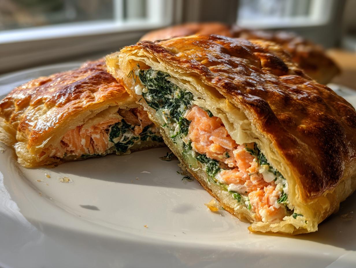 Close-up of a slice of salmon wellington showing flaky pastry, pink salmon, and green spinach filling.