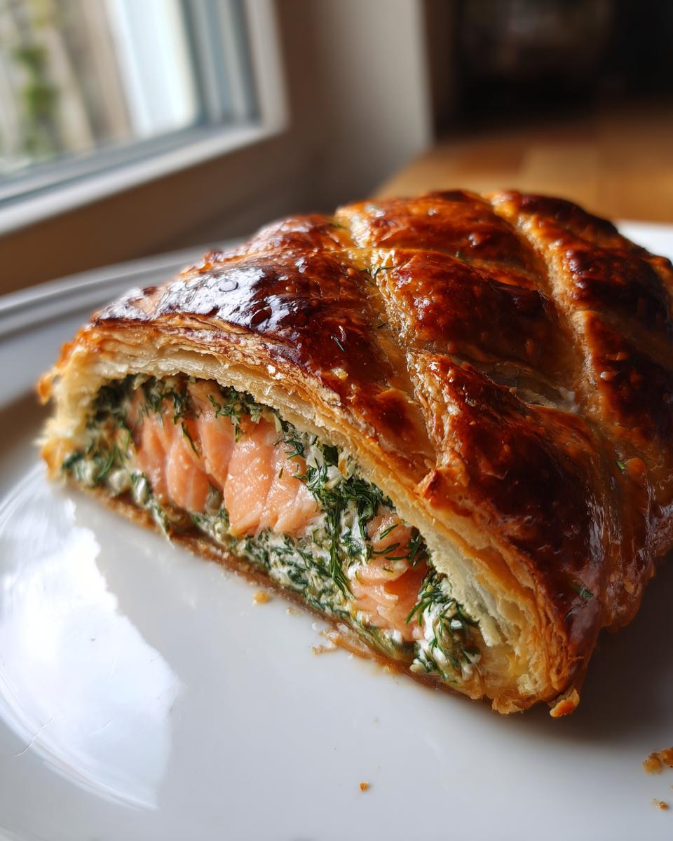A cross-section slice of salmon wellington showing pink salmon layered with green herbs inside golden, flaky puff pastry.