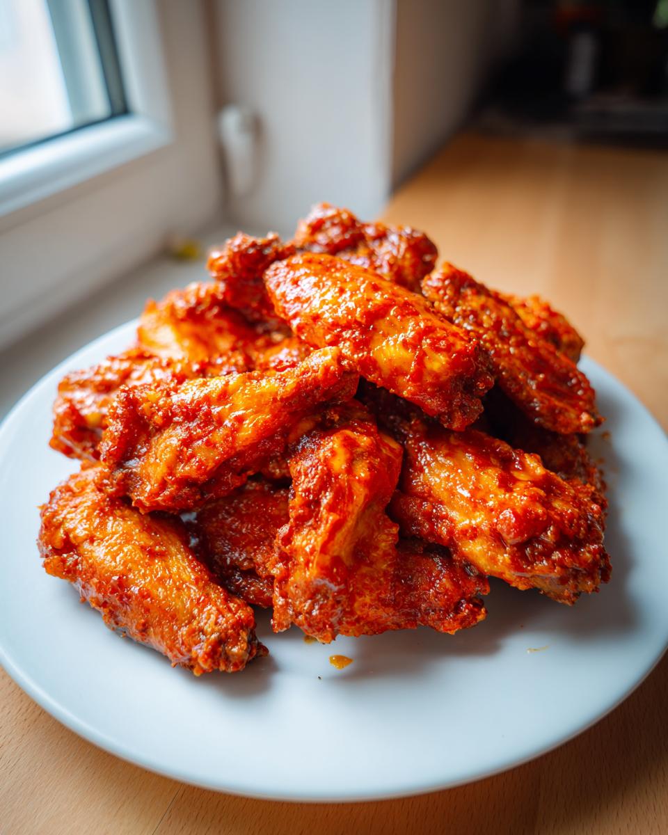 A pile of glossy, bright red, saucy buffalo wings stacked high on a white plate.