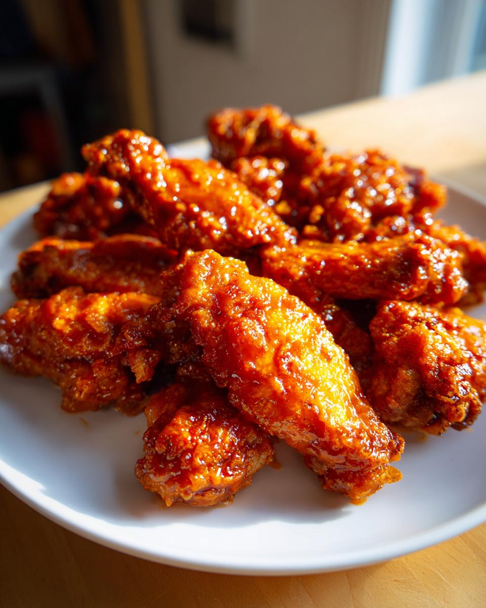 Close-up of a white plate piled high with glossy, saucy buffalo wings, glistening under bright light.