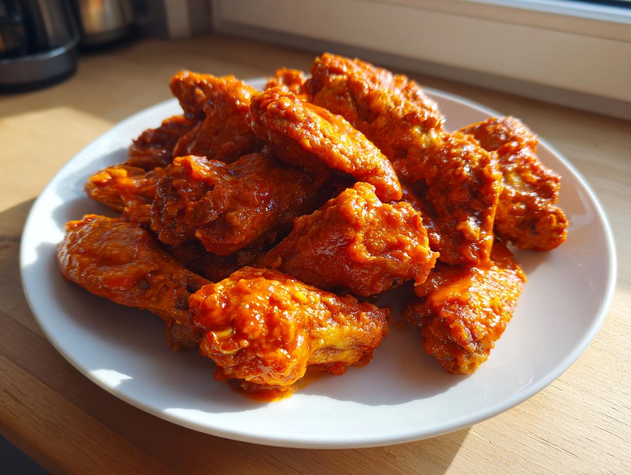 A white plate piled high with saucy, bright orange buffalo wings, sitting on a wooden surface.
