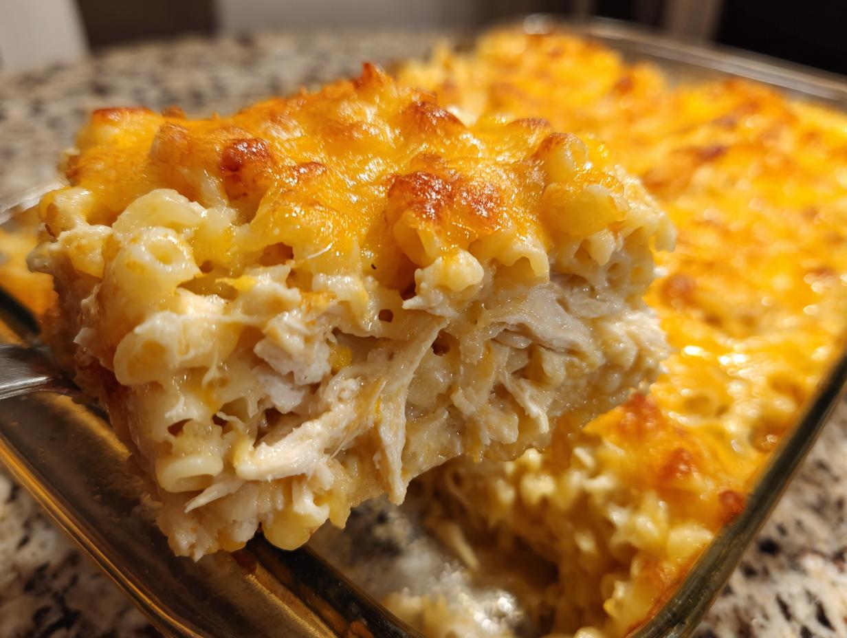 A close-up of a serving being lifted from a glass dish of creamy chicken pasta bake topped with melted, golden cheese.