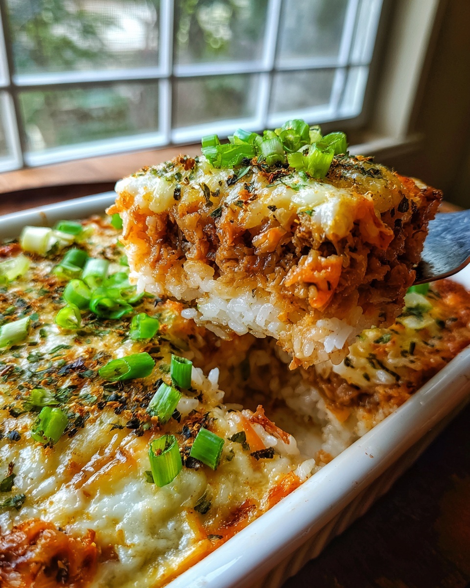A fork lifts a cheesy, layered slice of sushi bake topped with green onions from a white baking dish.